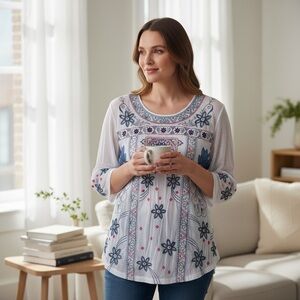 Peter Nygard Embellished White and Cream Tunic Top